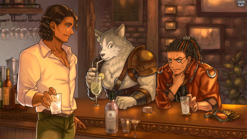 3boys armor bar_(place) black_hair brown_jacket chest_hair cocktail_glass copyright_name cup dark-skinned_male dark_skin dreadlocks drinking drinking_glass drinking_straw earrings eye_contact facial_hair food fruit furry furry_male gloves grabbing green_eyes hair_ornament hand_on_own_neck highres holding holding_cup indoors jacket jewelry kerberos_blade lemon lemon_slice looking_at_another male_focus multiple_boys o-ring painting_(object) pants pectoral_grab scar scar_on_face scar_on_nose shot_glass sitting standing stubble stud_earrings sweatdrop tsukioka_keru unworn_gloves wine_glass