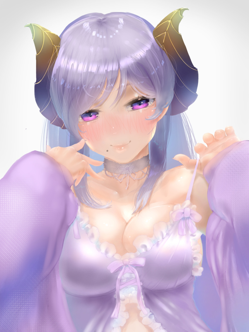 1girl babydoll blush breasts brown_horns cardigan cleavage closed_mouth commentary_request demon_girl demon_horns frilled_babydoll grey_choker highres honey_strap horns large_breasts long_hair long_sleeves looking_at_viewer medium_bangs mole mole_under_mouth nanashi_inc. purple_babydoll purple_cardigan purple_eyes purple_hair saionji_mary sidelocks simple_background smile solo upper_body white_background yamashita_tomu