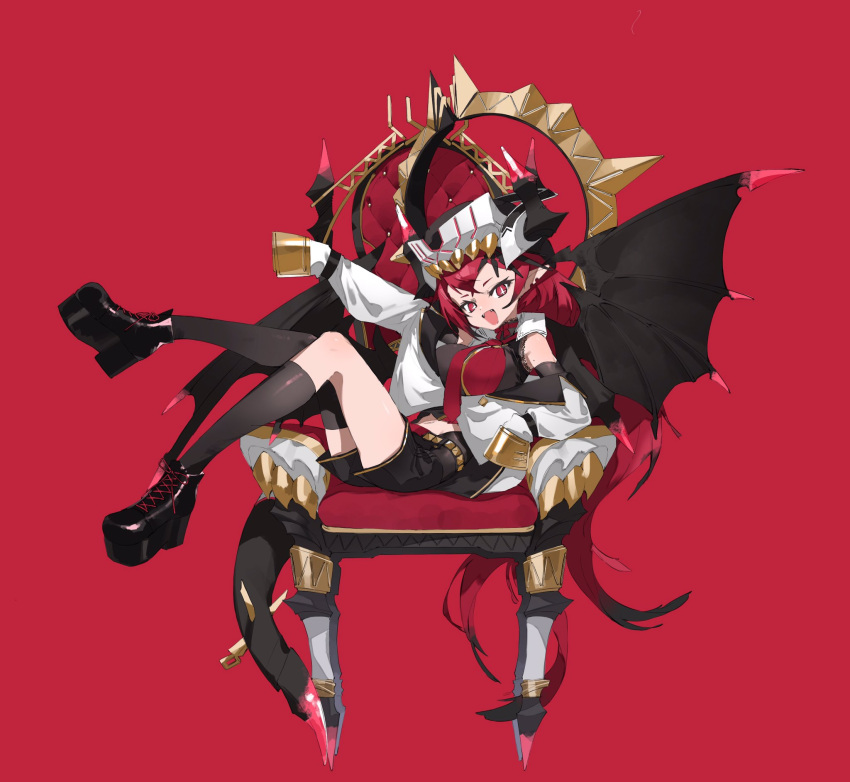 +_+ 1girl arm_up bare_shoulders belt black_footwear black_hair black_horns black_legwear black_tail black_wings bow chair choker demon_girl demon_horns demon_tail demon_wings earrings fangs hat highres horns horns_through_headwear jewelry long_hair mole mole_on_arm multicolored_hair navel necktie open_mouth original orihira pointy_ears red_background red_bow red_eyes red_hair red_necktie simple_background sitting sleeves_past_fingers sleeves_past_wrists smile solo studded_belt symbol-shaped_pupils tail thighhighs throne very_long_hair white_headwear wings