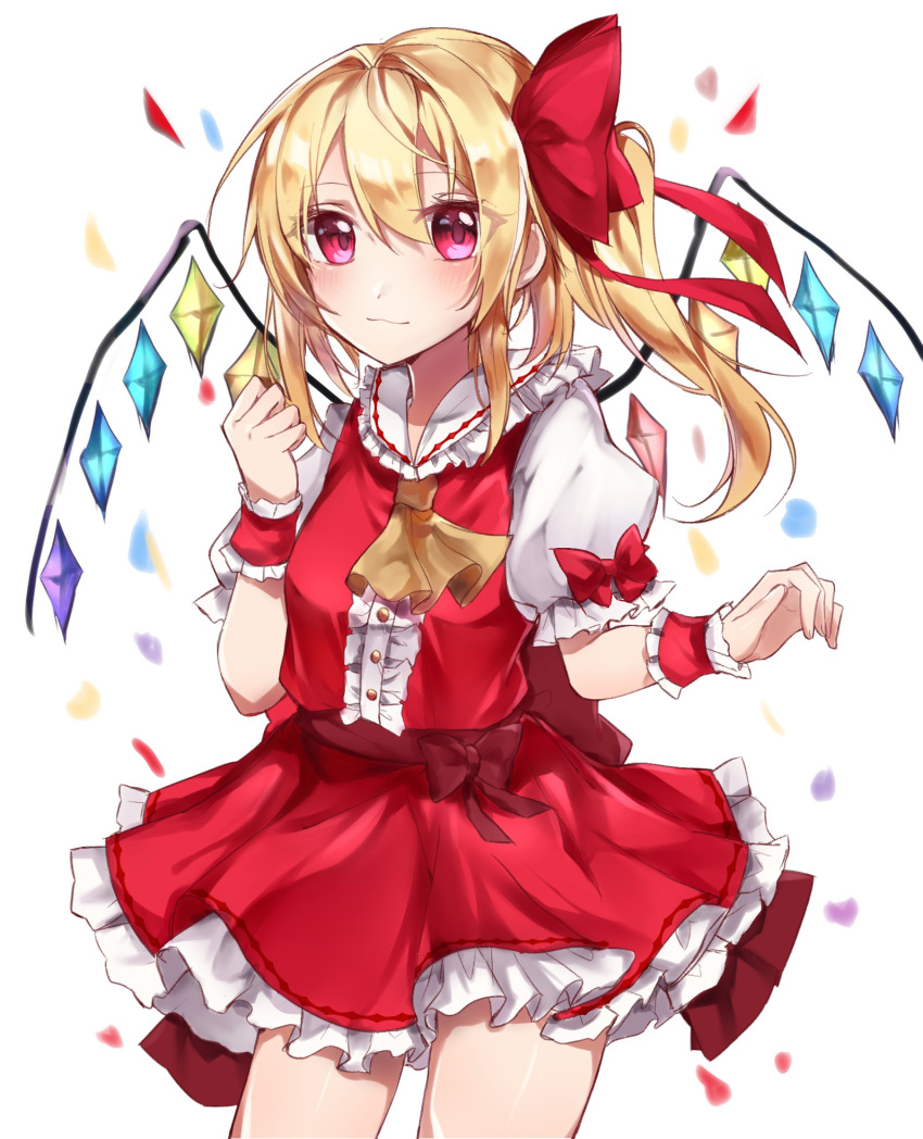 1girl ascot back_bow blonde_hair blush bow breasts buttons center_frills closed_mouth commentary cowboy_shot crystal english_commentary flandre_scarlet frilled_shirt_collar frilled_skirt frilled_sleeves frills hair_between_eyes hair_bow hannahkwok4 highres large_bow medium_hair multicolored_wings no_headwear one_side_up puffy_short_sleeves puffy_sleeves red_bow red_eyes red_skirt red_vest shirt short_sleeves simple_background skirt sleeve_bow small_breasts solo touhou vest white_background white_shirt wings wrist_cuffs yellow_ascot