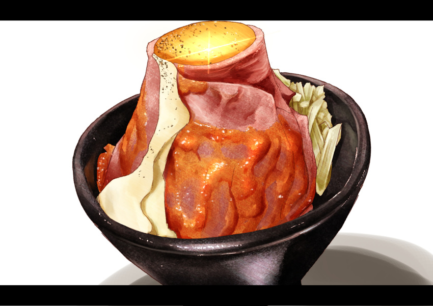 beef bowl food food_focus highres kaneko_ryou meat no_humans original sauce simple_background still_life white_background