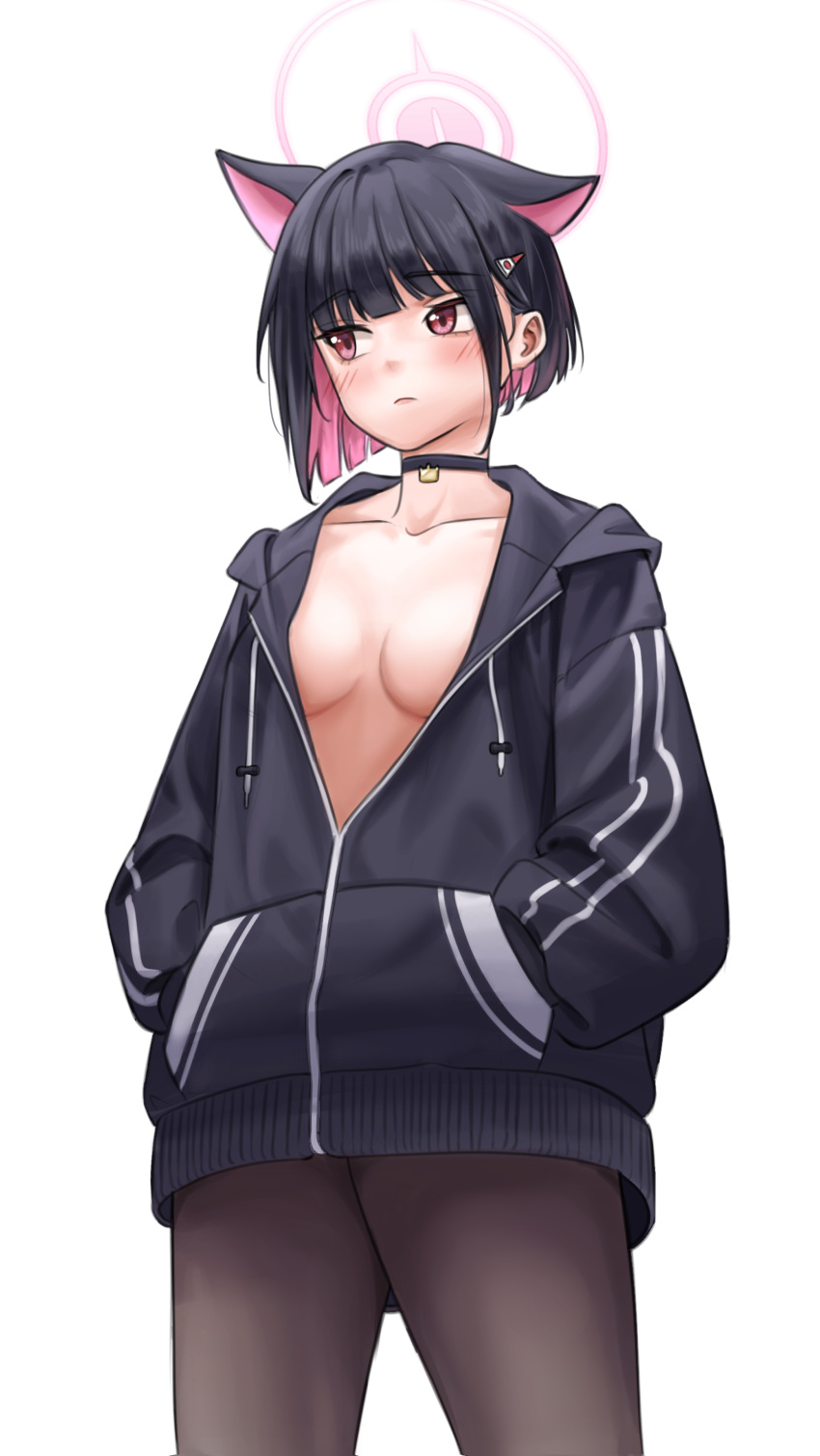 1girl absurdres animal_ears black_choker black_hair black_jacket blue_archive blush breasts brown_pantyhose cat_ears choker closed_mouth collarbone commentary_request drawstring hair_ornament hairclip halo hands_in_pockets highres hood hood_down hooded_jacket jacket kazusa_(blue_archive) korean_commentary long_sleeves looking_to_the_side multicolored_hair open_clothes open_jacket pantyhose pink_hair puffy_long_sleeves puffy_sleeves red_eyes samgong simple_background small_breasts solo standing two-tone_hair white_background