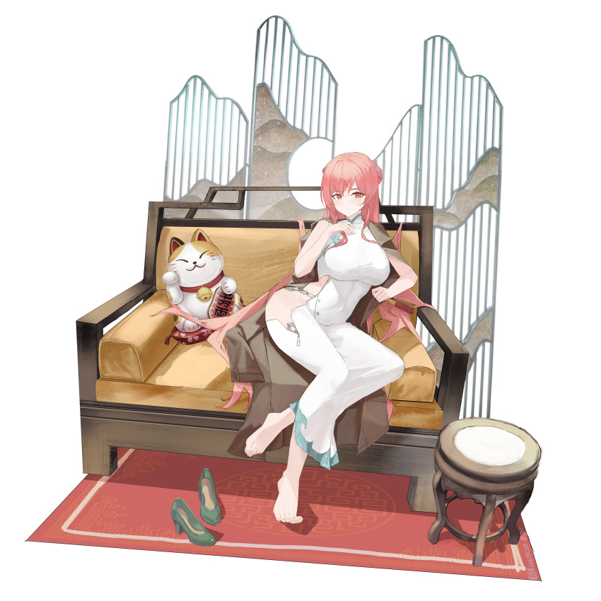 1girl absurdres artist_name azur_lane bare_shoulders barefoot breasts brown_coat chair china_dress chinese_clothes chinese_commentary closed_mouth coat commentary_request couch dress feet folded_fan folding_fan green_footwear hand_fan high_heels highres holding holding_fan huge_breasts long_hair looking_at_viewer maneki-neko on_couch paper_fan perseus_(azur_lane) perseus_(spring_lackadaisical_leisure)_(azur_lane) pink_eyes pink_hair rug simple_background sitting suo_bu_ye_feng thighs toenails toes unworn_footwear web_address white_dress