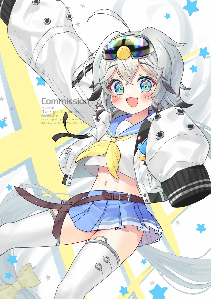 1girl ahoge arm_up ash_arms belt black_hair blue_eyes blush commission crop_top cropped_jacket fang goggles goggles_on_head hayabusa_(ash_arms) highres long_sleeves low_ponytail midriff miniskirt momomoyn multicolored_hair navel neckerchief open_belt open_mouth pleated_skirt ponytail school_uniform serafuku skeb_commission skin_fang skirt sleeves_past_fingers sleeves_past_wrists smile solo star-shaped_pupils star_(symbol) symbol-shaped_pupils thighhighs watermark white_hair