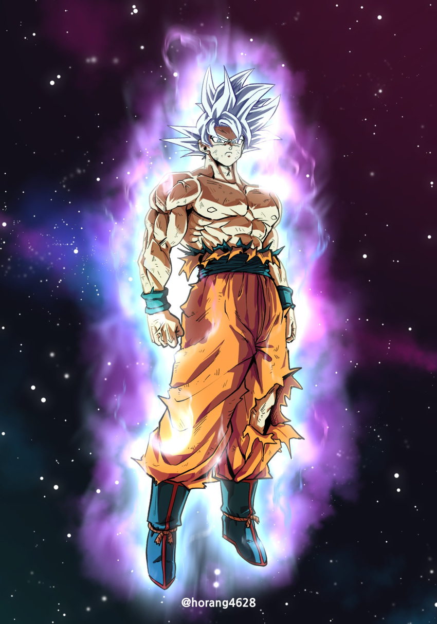 1boy abs absurdres artist_name aura battle_damage blue_sash boots collarbone dragon_ball dragon_ball_super floating frown full_body highres horang4628 looking_at_viewer male_focus muscular muscular_male nebula orange_pants pants pectorals sash serious solo son_goku space spiked_hair star_(sky) topless_male torn_clothes torn_pants twitter_username ultra_instinct veins white_eyes white_hair wristband