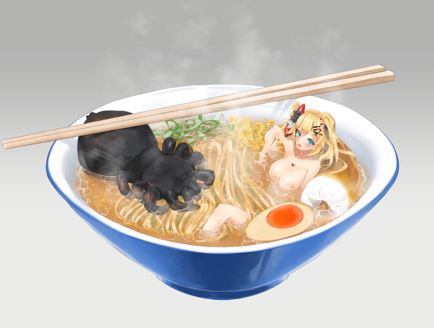 1girl air_bubble akai_haato albreo aqua_eyes arm_rest blonde_hair breasts bubble bug chopsticks commentary_request completely_nude corn egg food hair_ornament hairclip heart heart_hair highres hololive in_food knee_up looking_at_viewer medium_breasts mini_person minigirl noodles nude onion open_mouth partially_submerged ramen sidelocks signature solo spring_onion steam two_side_up virtual_youtuber x_hair_ornament
