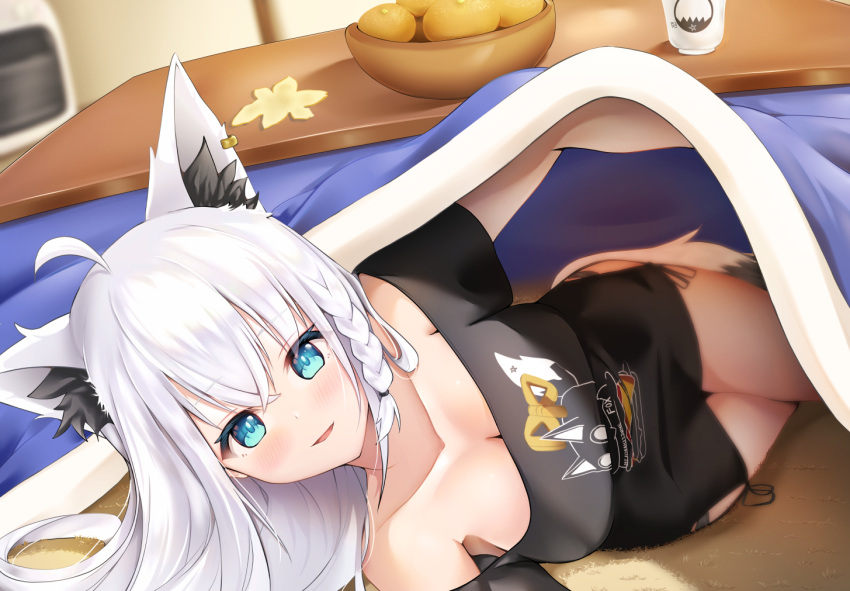 1girl ahoge animal_ear_fluff animal_ears black_shirt blush braid breasts cleavage collarbone commentary_request earrings extra_ears food fox_ears fox_girl fox_tail fruit green_eyes hair_between_eyes hololive indoors jewelry kotatsu lifting_covers long_hair looking_at_viewer lying mandarin_orange medium_breasts on_side shirakami_fubuki shirakami_fubuki_(7th_costume) shirt sidelocks single_braid smile solo syukuri_works table tail under_kotatsu under_table virtual_youtuber white_hair