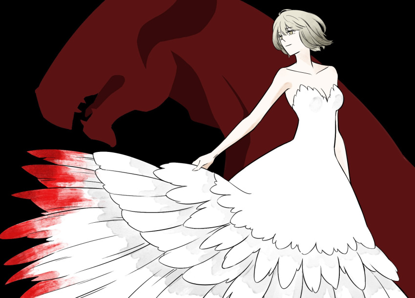 1girl adapted_costume arm_at_side bare_arms bare_shoulders black_background blood blood_on_clothes breasts chinese_commentary cleavage closed_mouth dragon dress dungeon_meshi falin_thorden feather-trimmed_dress feet_out_of_frame floating_hair grey_hair highres irithyll8157351 looking_back medium_breasts outstretched_arm short_hair silhouette skirt_hold smile standing strapless strapless_dress western_dragon yellow_eyes