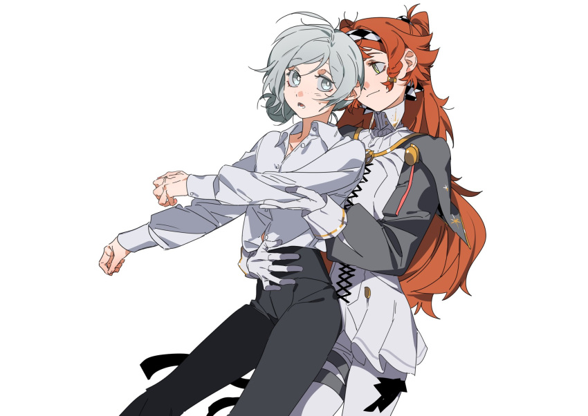 2girls black_pants bright_pupils capelet closed_mouth collared_shirt commentary dress freckles gloves green_eyes grey_capelet grey_eyes grey_hair hair_bun hand_on_another's_arm hand_on_another's_waist high_collar highres hug hug_from_behind long_sleeves looking_at_another molu_stranger multiple_girls orange_hair pants reverse:1999 shirt shirt_tucked_in simple_background single_side_bun smile sonetto_(reverse:1999) symbol-only_commentary thigh_strap two_side_up vertin_(reverse:1999) white_background white_dress white_gloves white_pants white_pupils white_shirt yuri