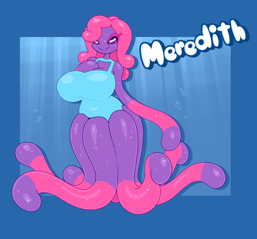 2024 absurd_res anthro big_breasts breasts bubble candy cephalopod clothing coleoid dessert digital_media_(artwork) eyelashes eyes_closed female food gummy_(food) gummy_creature gummy_octopus hair hi_res marine meredith_(screwroot) mollusk mouth_closed multicolored_body octopodiform octopus pink_hair purple_body purple_skin screwroot solo swimwear text underwater water