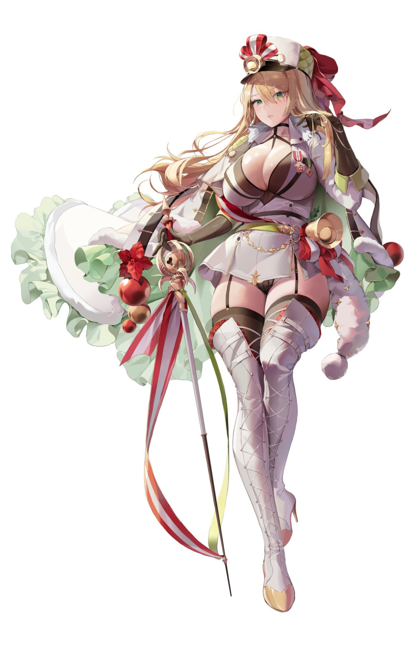 1girl bell black_gloves blonde_hair bodystocking breasts cane cane_sword choyeon christmas_ornaments cleavage destiny_child garter_straps gloves green_eyes hand_in_hair hat highres holding holding_weapon image_sample jingle_bell large_breasts long_hair medal military military_hat military_uniform ribbon thighhighs twitter_sample uniform weapon white_footwear
