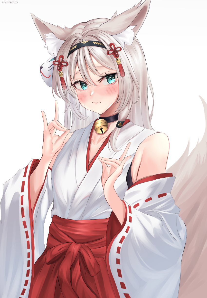 1girl absurdres an-94_(girls'_frontline) animal_ears aqua_eyes bell blush collar double_fox_shadow_puppet fox_ears fox_mask fox_shadow_puppet fox_tail girls'_frontline hairband highres japanese_clothes long_hair mask miko neck_bell solo sweatdrop tail tigger_drawing white_background white_hair