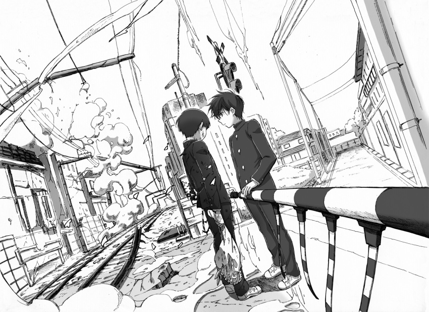 2boys bouquet broken_wall brothers bruise bruise_on_face building contrast crack cracked_floor debris destruction dust_cloud dutch_angle eokonuzu gakuran greyscale guard_rail injury kageyama_ritsu kageyama_shigeo long_sleeves looking_at_another male_focus mob_psycho_100 monochrome multiple_boys outdoors pants power_lines profile railroad_tracks road school_uniform shoes short_hair siblings sky smoke sneakers standing torn_clothes traffic_light