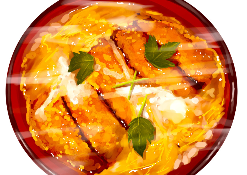 absurdres bowl food food_focus highres kaneko_ryou katsu_(food) katsudon_(food) no_humans original rice simple_background steam still_life white_background