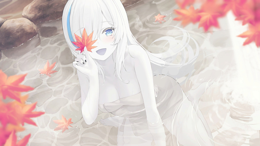 1girl :d aged_up artist_request autumn autumn_leaves azur_lane between_legs black_nails blue_eyes blue_hair breasts colored_eyelashes colored_skin fingernails game_cg hair_over_one_eye hand_between_legs hand_up highres holding holding_leaf leaf long_hair looking_at_viewer maple_leaf medium_breasts multicolored_hair nail_polish naked_towel non-web_source official_art one_eye_covered onsen open_mouth outdoors pale_skin partially_submerged sitting smile streaked_hair tb_(azur_lane) tb_(type-l)_(azur_lane) towel two-tone_hair very_long_hair wariza white_hair white_skin