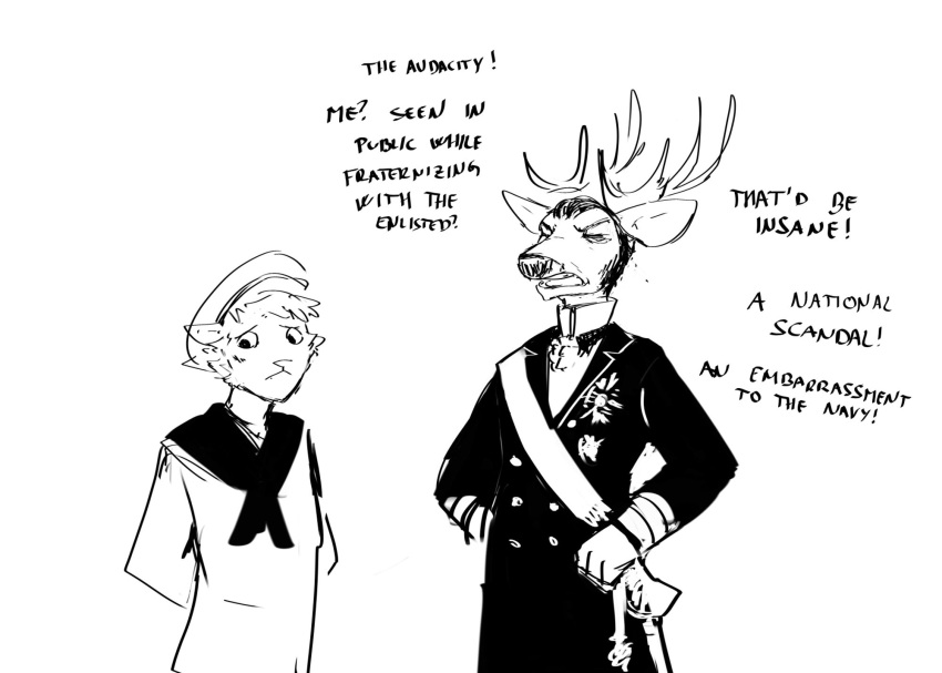 2024 anthro antlers black_and_white clothing comic deer deer_admiral_(hladilnik) dialogue domestic_cat duo english_text eyes_closed felid feline felis hi_res hladilnik horn male mammal military_uniform monochrome sailor_uniform ship's_catboy_(hladilnik) text uniform