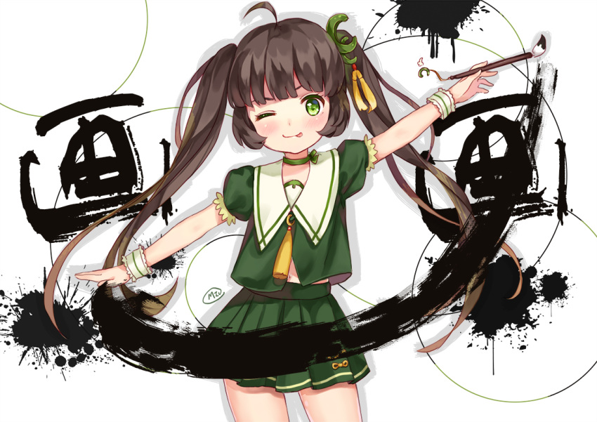 1girl ahoge blush brown_hair calligraphy_brush choker cowboy_shot crescent crescent_hair_ornament green_eyes hair_ornament holding holding_paintbrush ink long_hair miniskirt miu_(pixiv4149478) navel one_eye_closed original outstretched_arms paintbrush pleated_skirt sailor_collar short_sleeves skirt smile tassel tassel_hair_ornament tongue tongue_out translation_request twintails very_long_hair wrist_cuffs