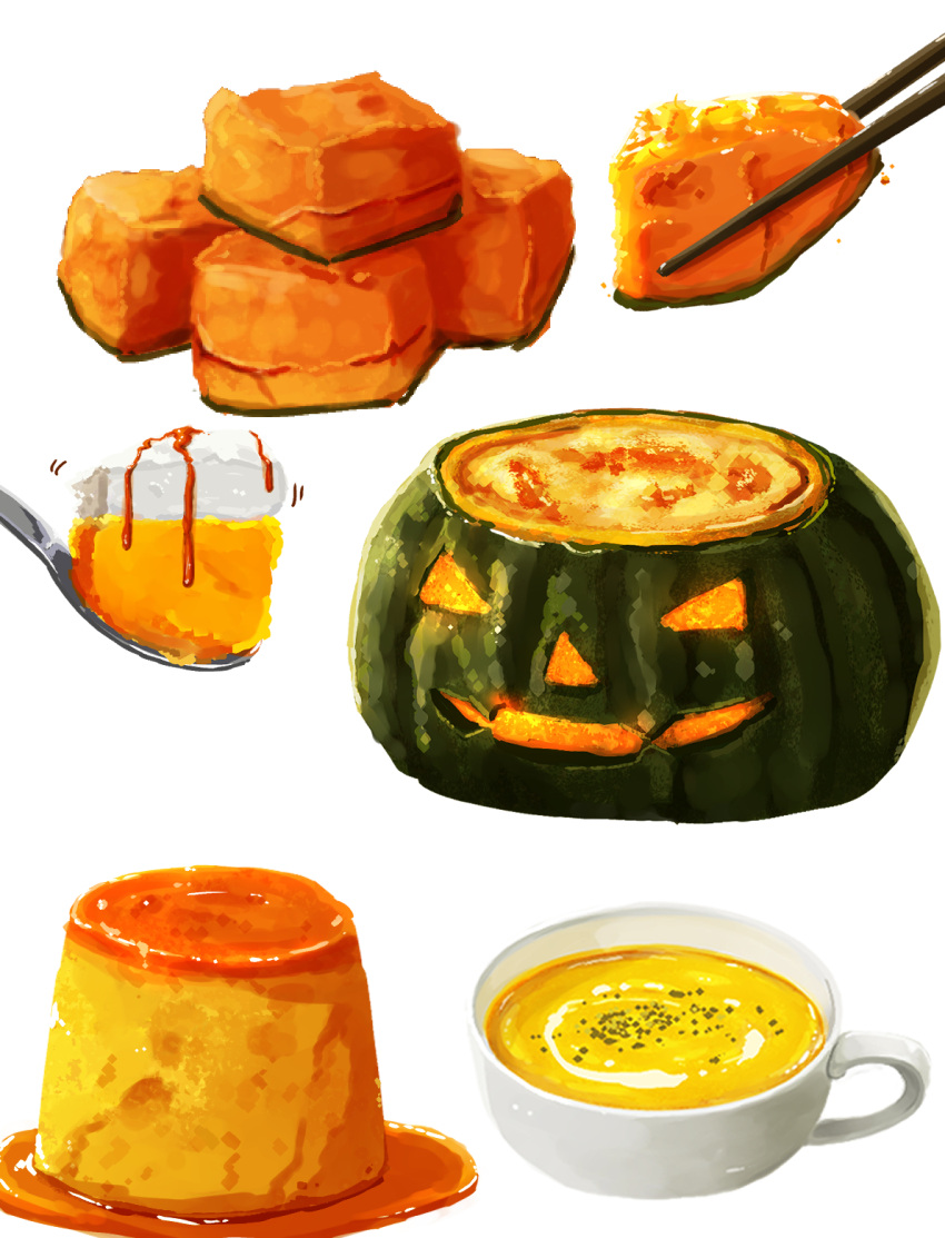 cup food food_focus halloween highres jack-o'-lantern kaneko_ryou no_humans original pie pudding pumpkin pumpkin_pie simple_background spoon still_life white_background