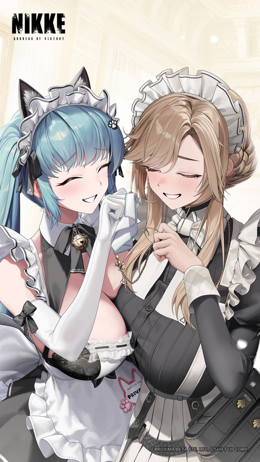 2girls ade_(nikke) animal_ears apron aqua_hair asymmetrical_docking black_dress black_ribbon blonde_hair braid breast_press breasts cat_ears character_name closed_eyes commentary copyright_name crying dress elbow_gloves english_commentary frilled_apron frills glasses gloves goddess_of_victory:_nikke grin hair_ribbon hand_up highres holding holding_removed_eyewear huge_breasts juliet_sleeves long_hair long_sleeves maid_headdress multiple_girls name_tag official_art parted_bangs paw_print privaty_(nikke) privaty_(unkind_maid)_(nikke) puffy_sleeves ribbon smile swept_bangs tears twintails unworn_eyewear veins veiny_breasts white_apron white_gloves
