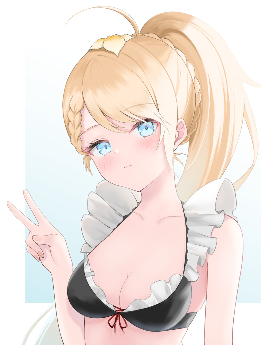 1girl absurdres bikini blonde_hair blue_eyes blush braid breasts cleavage codename696 collarbone expressionless french_braid frilled_bikini_top front-tie_bikini_top front-tie_top g36_(50_days_with_g36)_(girls'_frontline) g36_(girls'_frontline) girls'_frontline highres long_hair looking_at_viewer official_alternate_costume ponytail simple_background solo swimsuit upper_body v