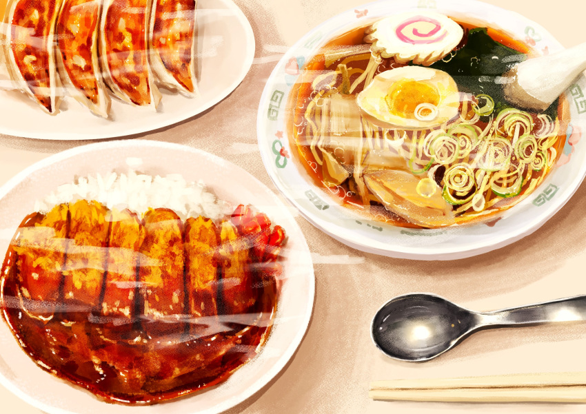 bowl chopsticks dumpling food food_focus highres jiaozi kamaboko kaneko_ryou meat narutomaki no_humans noodles original plate ramen rice spoon still_life