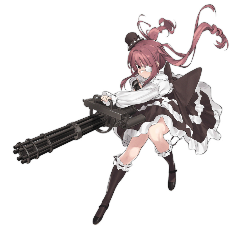 1girl back_bow black_bow black_dress black_footwear black_socks bow closed_mouth dress eyepatch floating_hair frills full_body gatling_gun girls'_frontline gothic_lolita gun hanazono_yurine hat highres holding holding_gun holding_weapon jashin-chan_dropkick kneehighs lolita_fashion long_hair long_sleeves mary_janes medical_eyepatch mini_hat mini_top_hat minigun nishiro_ryoujin official_art puffy_short_sleeves puffy_sleeves red_eyes red_hair ribbon-trimmed_legwear ribbon_trim serious shirt shoes short_sleeves simple_background socks solo third-party_source top_hat transparent_background twintails very_long_hair weapon white_shirt