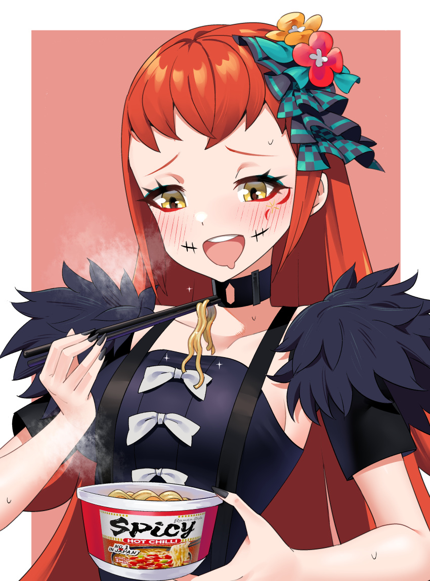 1girl absurdres aqua_eyeshadow black_nails chopsticks commission commissioner_upload cup_ramen eyeliner eyeshadow facial_mark fire_emblem fire_emblem_engage fur_sleeves highres igni_tion makeup nail_polish non-web_source orange_hair panette_(fire_emblem) red_eyeliner short_bangs solo spicy stitched_mouth stitches