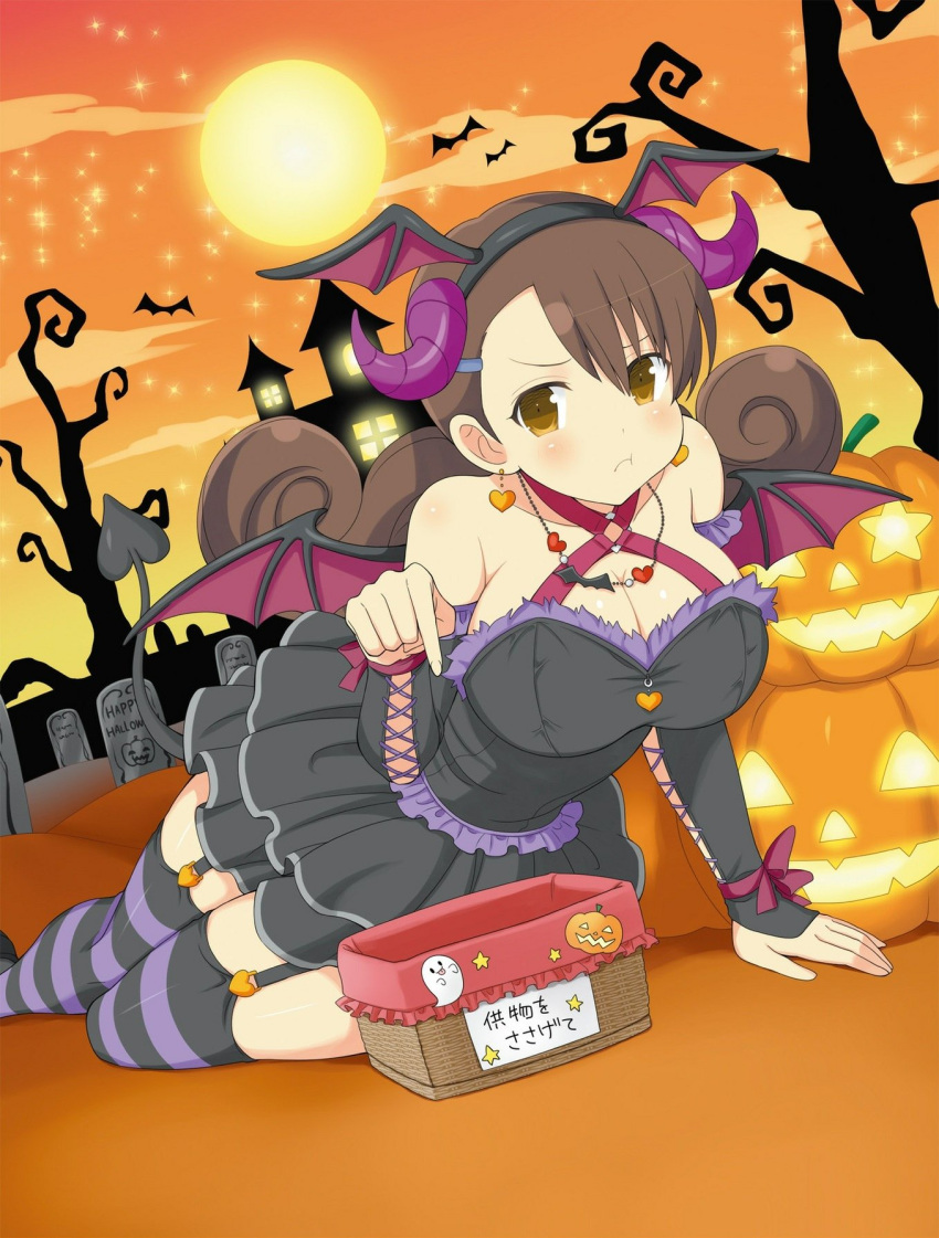 1girl :i :t aimu_(senran_kagura) animal arm_support armpit_crease bare_shoulders bare_tree basket bat_(animal) bat_necklace bat_wings black_dress black_footwear black_garter_straps black_thighhighs blush breasts brown_eyes brown_hair cleavage closed_mouth cloud cross-laced_clothes cross-laced_sleeves curled_horns curly_hair demon_costume demon_horns demon_tail demon_wings detached_sleeves dress earrings fake_head_wings fake_horns fake_wings frilled_dress frilled_sleeves frills full_moon fur-trimmed_dress fur_trim garter_straps ghost ghost_print gradient_sky grave graveyard hair_between_eyes hair_ornament hairclip halloween halloween_costume halterneck hand_on_ground happy_halloween heart heart_earrings heart_necklace highres horns jack-o'-lantern jack-o'-lantern_print jewelry large_breasts looking_at_viewer medium_hair mini_wings moon necklace night night_sky o-ring o-ring_dress official_alternate_costume official_art on_ground orange_sky outdoors pout puffy_cheeks pumpkin purple_horns purple_thighhighs red_ribbon ribbon senran_kagura senran_kagura_new_wave shiny_skin short_dress skindentation sky solo star_(sky) star_(symbol) star_print starry_sky striped_clothes striped_thighhighs tail thighhighs tombstone translation_request tree trick_or_treat two-tone_thighhighs wings wrist_bow yaegashi_nan yellow_sky