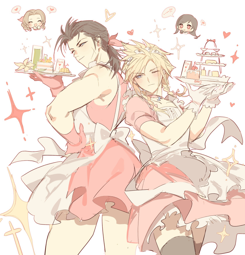 2boys 2girls absurdres aerith_gainsborough apron black_hair blonde_hair blue_eyes blush bow braid braided_ponytail brown_hair cake cake_slice chibi chibi_inset choker closed_eyes closed_mouth cloud_strife crossdressing desert dress duoj_ji earrings final_fantasy final_fantasy_vii final_fantasy_vii_remake flower food frilled_dress frills glitter gloves hair_ribbon heart highres holding holding_cake holding_food holding_plate jewelry maid maid_apron maid_headdress male_focus multiple_boys multiple_girls one_eye_closed open_mouth pink_choker pink_dress pink_gloves plate ribbon scar scar_on_face single_earring spiked_hair spoken_heart thighhighs tifa_lockhart white_background white_gloves zack_fair