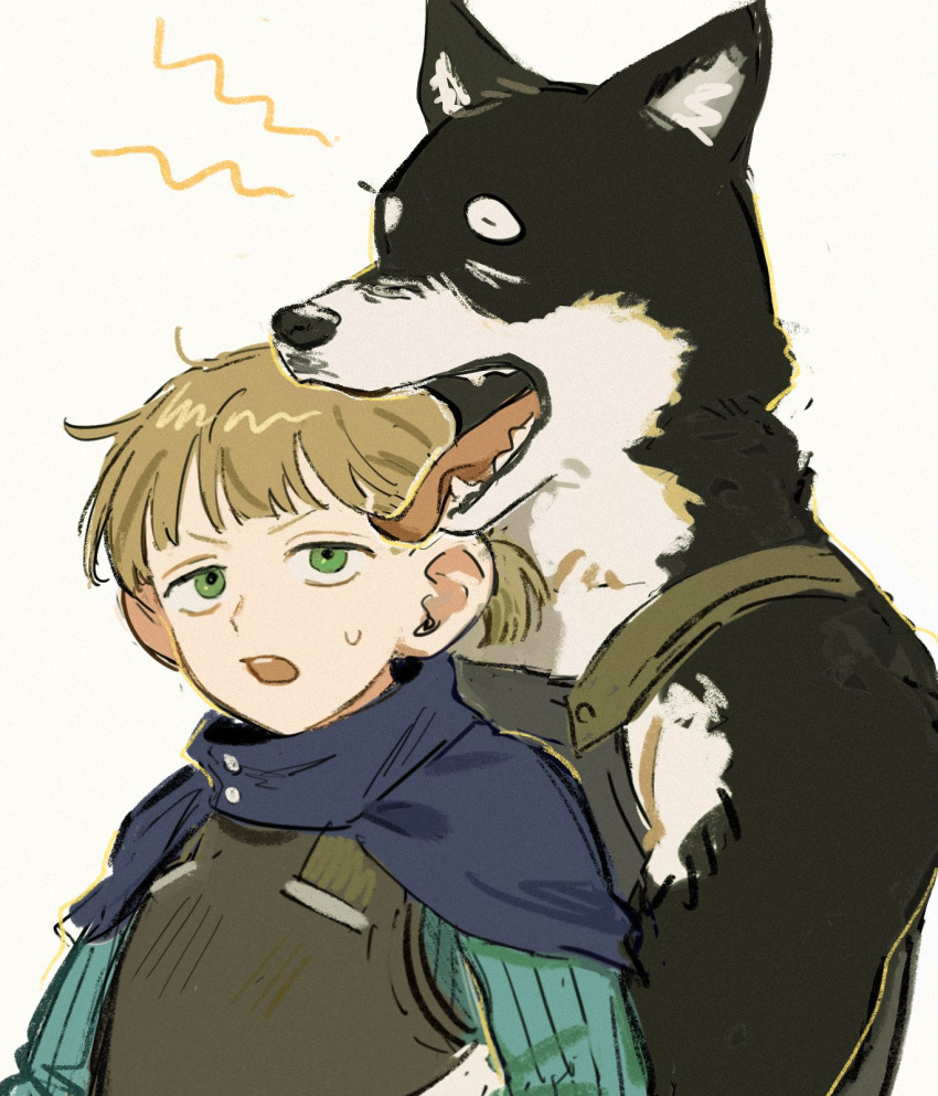 2boys armor blonde_hair closed_eyes dog dungeon_meshi furry furry_male halfling highres hug hug_from_behind kuro_(dungeon_meshi) large_ears leather_armor long_sleeves looking_at_viewer mickbell_tomas multiple_boys n_5zz open_mouth ponytail short_hair simple_background white_background yawning