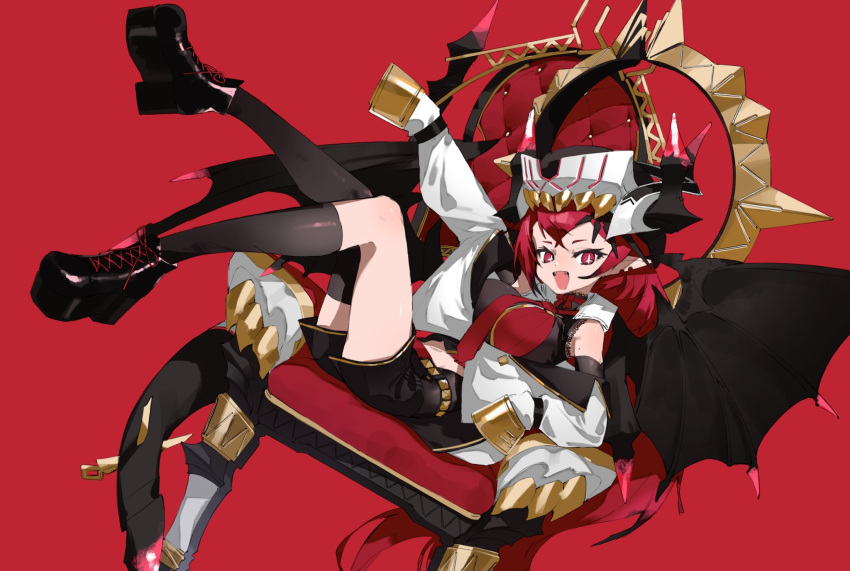 +_+ 1girl arm_up bare_shoulders belt black_footwear black_hair black_horns black_legwear black_tail black_wings bow chair choker demon_girl demon_horns demon_tail demon_wings dutch_angle earrings fangs hat highres horns horns_through_headwear jewelry long_hair mole mole_on_arm multicolored_hair navel necktie open_mouth original orihira pointy_ears red_background red_bow red_eyes red_hair red_necktie simple_background sitting sleeves_past_fingers sleeves_past_wrists smile solo studded_belt symbol-shaped_pupils tail thighhighs throne very_long_hair white_headwear wings
