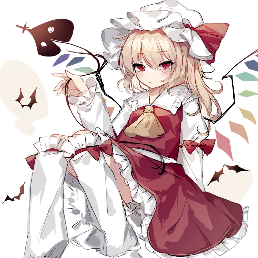 1girl arm_support ascot bat_(animal) blonde_hair blush bow commentary_request feet_out_of_frame flandre_scarlet flat_chest frills hat hat_bow highres holding holding_weapon juliet_sleeves laevatein_(touhou) long_sleeves looking_at_viewer mob_cap parted_lips petticoat puffy_sleeves red_bow red_eyes red_skirt red_vest shirt short_hair side_ponytail simple_background skirt slit_pupils solo sorani_(kaeru0768) touhou vest weapon white_background white_headwear white_shirt wings yellow_ascot