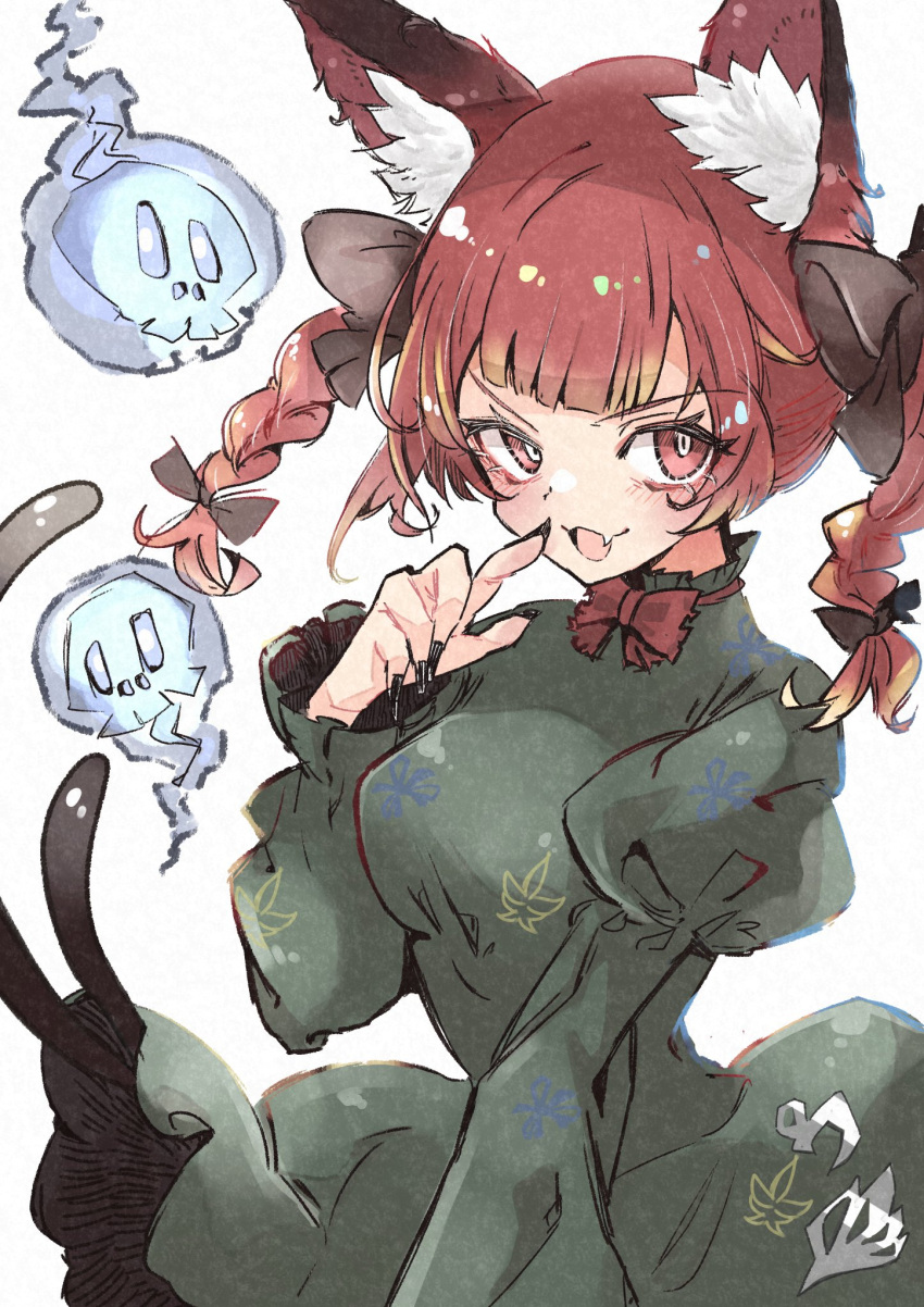 1girl animal_ear_fluff animal_ears black_bow black_nails bow braid breasts cat_ears cat_tail deal360acv dress fang fingernails green_dress hair_bow highres hitodama juliet_sleeves kaenbyou_rin long_sleeves looking_at_viewer medium_breasts medium_hair multiple_tails open_mouth puffy_sleeves red_eyes red_hair sharp_fingernails simple_background smile solo tail touhou twin_braids two_tails upper_body white_background