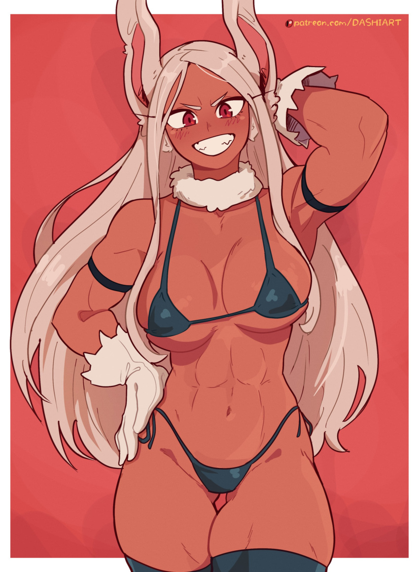 1girl :d abs absurdres animal_ears arm_behind_head arm_strap bikini black_bikini black_thighhighs blush boku_no_hero_academia border breasts dark-skinned_female dark_skin dashi_(dashiart) fur_collar gloves grin highres large_breasts long_eyelashes long_hair looking_at_viewer micro_bikini mirko muscular muscular_female navel parted_bangs patreon_username rabbit_ears rabbit_girl red_background red_eyes side-tie_bikini_bottom skindentation smile solo stomach swimsuit teeth thick_thighs thigh_gap thighhighs thighs very_long_hair white_border white_gloves white_hair