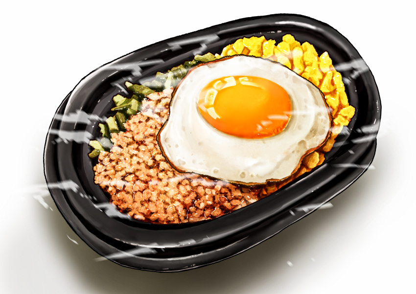 absurdres chicken_(food) egg_(food) food food_focus fried_egg highres kaneko_ryou meat no_humans original simple_background steam still_life vegetable white_background