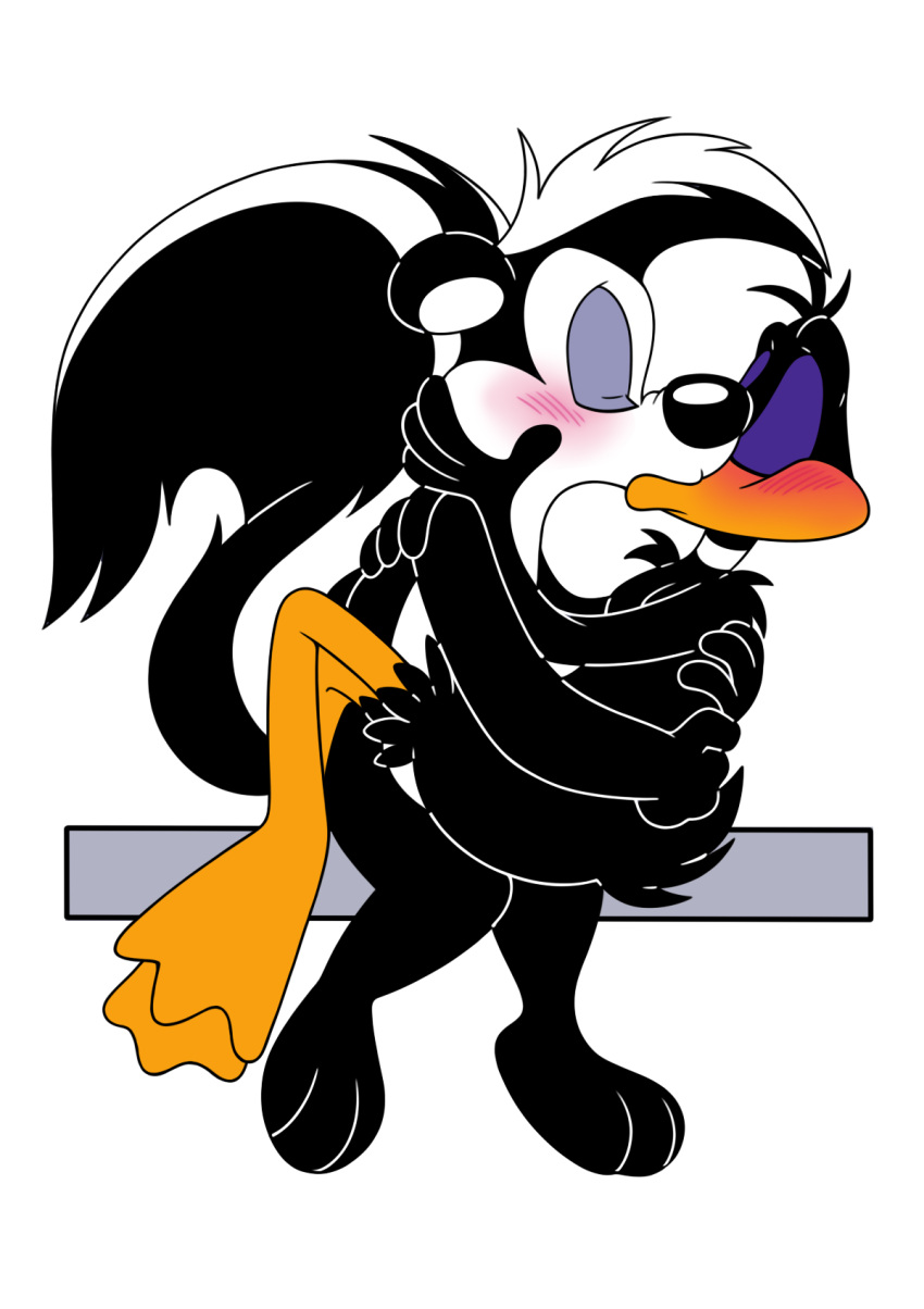 2024 8-bit-britt anatid anseriform anthro avian beak bird black_body black_ears black_feathers black_fur black_hair black_nose black_tail blush blush_lines daffy_duck digital_media_(artwork) duck duo eyes_closed feathered_tail feathers fur hair hand_on_back hand_on_face hand_on_shoulder hi_res kissing looney_tunes male male/male mammal mephitid multicolored_body multicolored_fur multicolored_hair on_lap orange_beak pepe_le_pew side_view simple_background sitting sitting_on_lap skunk striped_skunk tail two_tone_body two_tone_fur two_tone_hair two_tone_tail warner_brothers white_background white_body white_fur white_hair white_tail