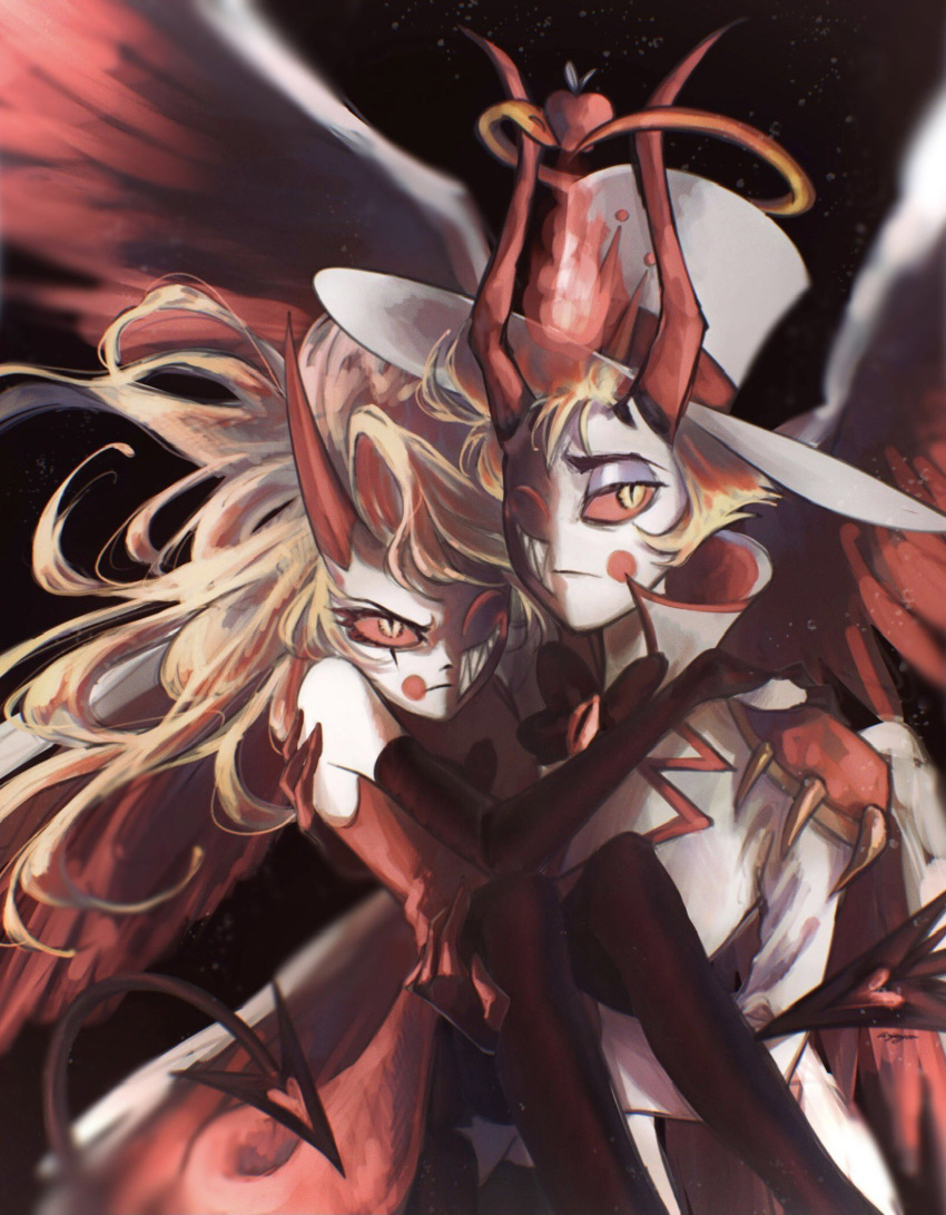 1boy aripyon blonde_hair blush_stickers charlie_morningstar colored_sclera demon demon_boy demon_girl demon_horns demon_tail demon_wings evil_grin evil_smile father_and_daughter grin hazbin_hotel highres horns long_hair looking_at_viewer lucifer_(hazbin_hotel) red_sclera sharp_teeth smile tail teeth wings yellow_eyes