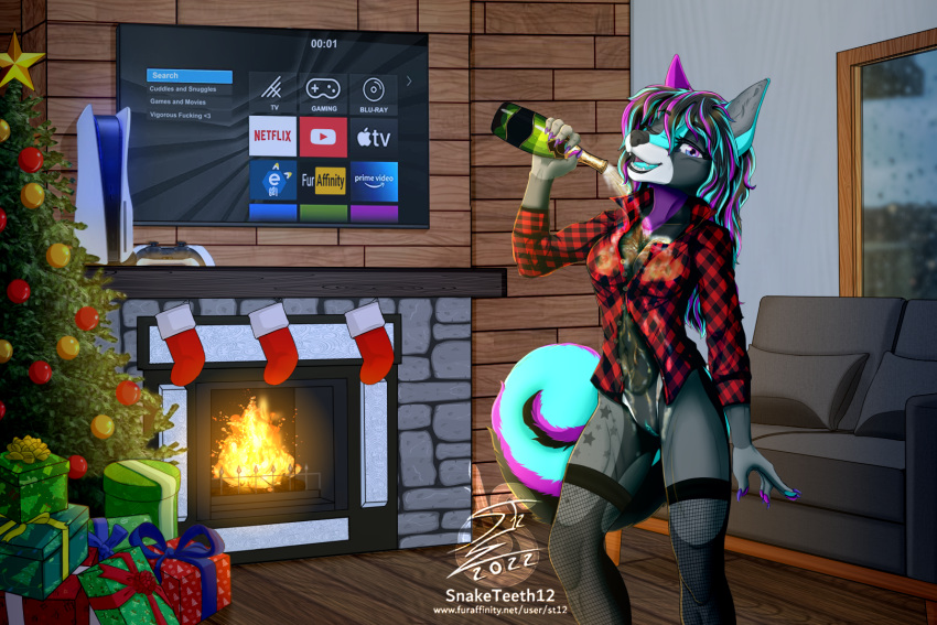 alcohol anthro athletic athletic_anthro athletic_female beverage black_body black_fur blue_eyes blue_genitals blue_markings blue_nipples blue_pussy blue_tongue breasts canid canine canis champagne checkered_clothing checkered_shirt checkered_topwear christmas christmas_sock clothed clothed/nude clothing digital_drawing_(artwork) digital_media_(artwork) digitigrade domestic_dog electronics female fireplace fireside fishnet fishnet_clothing fishnet_leggings fishnet_legwear fishnet_thigh_highs floor fluffy fluffy_tail fur furniture genitals gift gift_box grey_body grey_fur haiko_frostypaws hair hi_res holidays husky legwear looking_at_viewer mammal markings new_year nipples nordic_sled_dog nude nude_anthro nude_female one_eye_closed open_mouth pattern_clothing pattern_shirt pattern_topwear pinup plaid plaid_clothing plaid_shirt plaid_topwear pose purple_eyes purple_markings pussy romantic romantic_ambiance sensual shirt slim smile smiling_at_viewer snaketeeth12 sofa solo spitz tail teeth television tongue topwear wavy_hair wet wet_clothing wink winking_at_viewer wood wood_floor