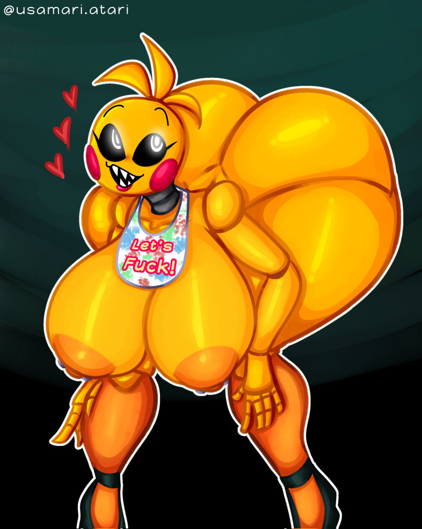 &lt;3 animal_humanoid animatronic anthro avian big_breasts bird blush breasts butt chica_(fnaf) chicken clothing digital_media_(artwork) feathers female five_nights_at_freddy's five_nights_at_freddy's_2 galliform gallus_(genus) hair hi_res huge_breasts humanoid looking_at_viewer machine phasianid robot scottgames solo text thick_thighs toy_chica_(fnaf) usamari_atari