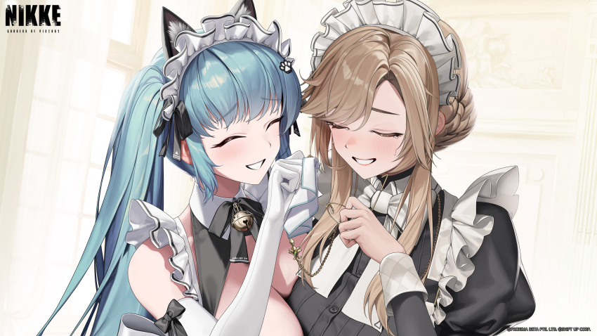 2girls absurdres ade_(nikke) animal_ears apron aqua_hair asymmetrical_docking black_dress black_ribbon blonde_hair braid breast_press breasts cat_ears character_name closed_eyes commentary copyright_name cropped crying dress elbow_gloves frilled_apron frills glasses gloves goddess_of_victory:_nikke grin hair_ribbon hand_up highres holding holding_removed_eyewear huge_breasts juliet_sleeves long_hair long_sleeves maid_headdress multiple_girls name_tag official_art parted_bangs paw_print privaty_(nikke) privaty_(unkind_maid)_(nikke) puffy_sleeves ribbon smile swept_bangs tears twintails unworn_eyewear veins veiny_breasts watermark white_apron white_gloves