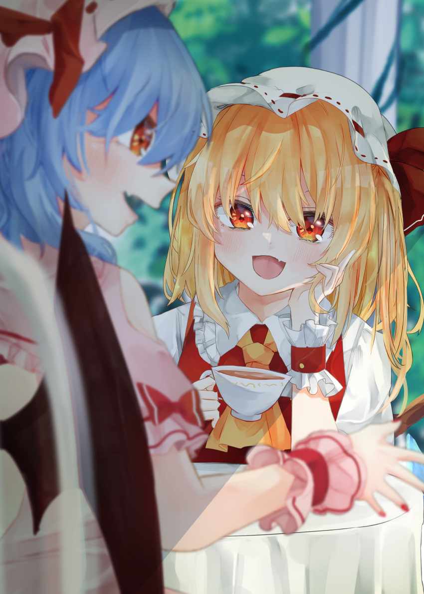 2girls absurdres ascot bat_wings blonde_hair blue_hair blurry blurry_background cup depth_of_field fang flandre_scarlet frilled_shirt_collar frills hat hat_ribbon head_tilt highres holding holding_cup looking_at_another medium_hair mob_cap multiple_girls on_chair one_side_up open_mouth outdoors pink_headwear pink_shirt puffy_short_sleeves puffy_sleeves red_eyes red_ribbon red_vest remilia_scarlet ribbon ribbon-trimmed_headwear ribbon_trim sabatuki shirt short_sleeves siblings sisters sitting skin_fang table tablecloth teacup touhou upper_body vest white_headwear white_shirt wings wrist_cuffs yellow_ascot