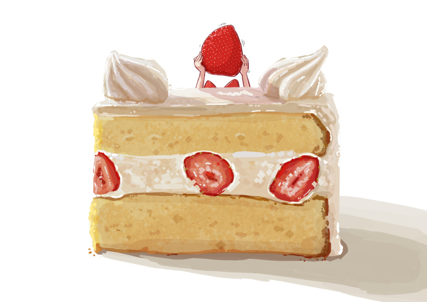 1girl absurdres cake food food_focus fruit highres holding holding_food holding_fruit icing kaneko_ryou mini_person original simple_background solo strawberry strawberry_shortcake white_background