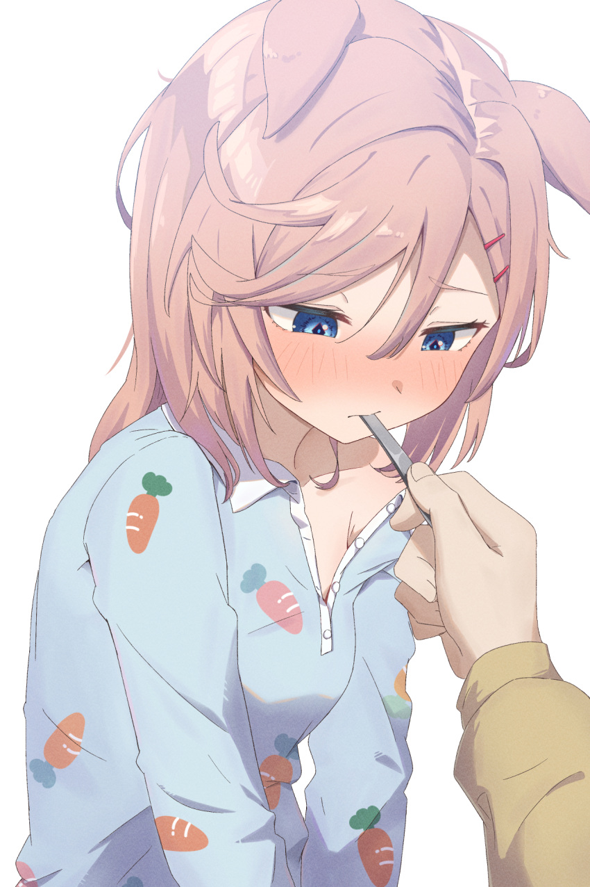 1girl 1other animal_ears blonde_hair blue_eyes blue_pajamas carrot_print chahanramen closed_mouth collarbone commentary_request ears_down fever food_print hair_ornament hairclip highres holding holding_thermometer horse_ears horse_girl horse_tail long_bangs long_hair long_sleeves mouth_hold pajamas sick simple_background solo_focus tail thermometer umamusume venus_park_(umamusume) white_background
