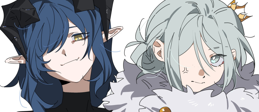 2girls anger_vein arcana_(reverse:1999) blue_hair bright_pupils closed_mouth commentary crown fang freckles fur_trim grey_eyes grey_hair hair_bun highres horns mini_crown molu_stranger multiple_girls one_eye_covered pointy_ears portrait reverse:1999 simple_background single_side_bun slit_pupils symbol-only_commentary vertin_(reverse:1999) white_background white_pupils yellow_eyes