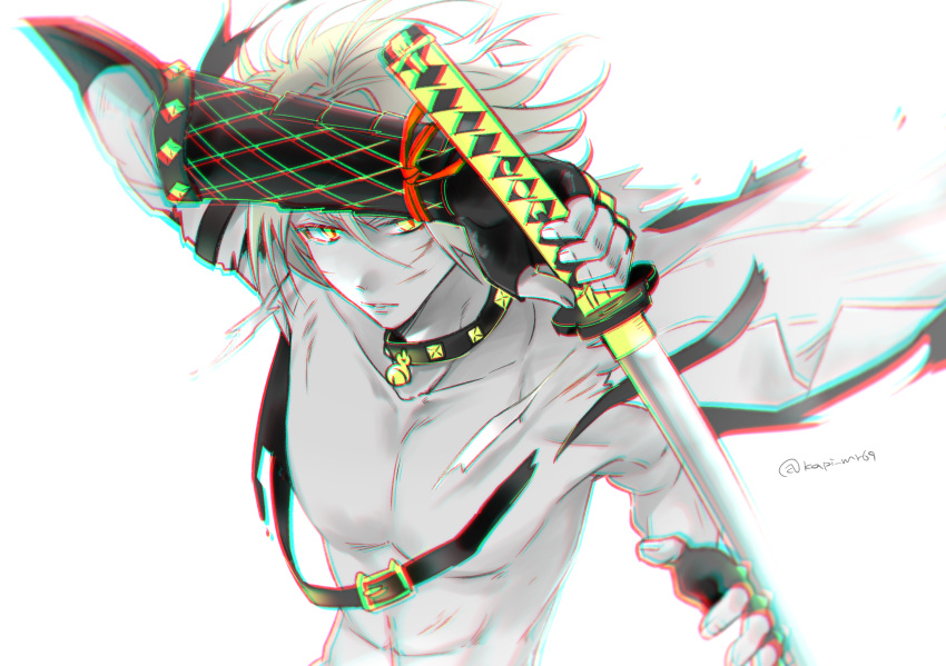 1boy abs absurdres arm_guards bell belt black_gloves blonde_hair chromatic_aberration closed_mouth collar fingerless_gloves floating_hair gloves hair_between_eyes hand_up highres holding holding_sword holding_weapon jingle_bell kapimaru katana long_sleeves looking_at_viewer male_focus nansen_ichimonji neck_bell partially_colored shirt short_hair simple_background slit_pupils solo sword toned toned_male topless_male torn_clothes torn_shirt touken_ranbu twitter_username unsheathed weapon yellow_eyes