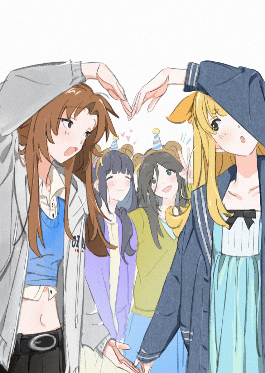 4girls :o absurdres aqua_dress arm_up belt black_belt black_bow black_eyes black_hair black_jacket blonde_hair blue_vest blunt_bangs bow bow_hairband brown_hair buttons closed_eyes closed_mouth collarbone crop_top dentist_(artist) dress dress_bow grey_jacket hairband hand_up hat heart hibike!_euphonium highres jacket kasaki_nozomi liz_to_aoi_tori long_hair long_sleeves looking_at_another looking_at_viewer midriff multiple_girls nakagawa_natsuki navel one_eye_covered open_mouth orange_hairband parted_bangs party_hat purple_eyes purple_jacket shirt sidelocks simple_background sleeves_past_wrists standing v v-neck vest white_background white_shirt yellow_shirt yoroizuka_mizore yoshikawa_yuuko