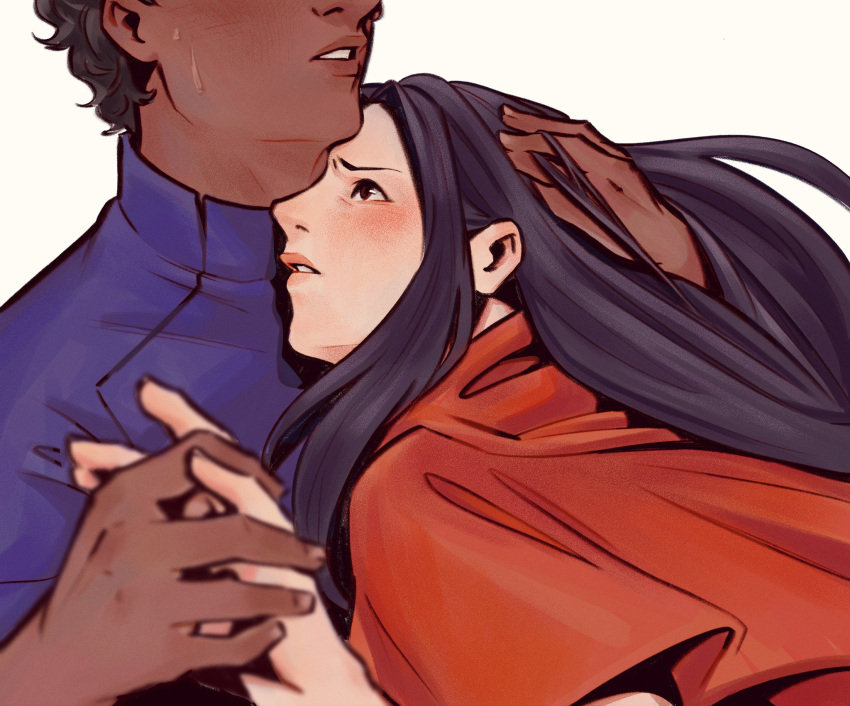 1boy 1girl black_hair blue_jacket blush capelet curly_hair dark-skinned_male dark_skin dungeon_meshi english_commentary floating_hair hand_in_another's_hair hand_on_another's_head hand_up hands_up head_out_of_frame hetero highres holding_hands hug interlocked_fingers jacket kabru long_hair looking_at_another parted_lips profile red_capelet rin_(dungeon_meshi) short_hair simple_background upper_body white_background