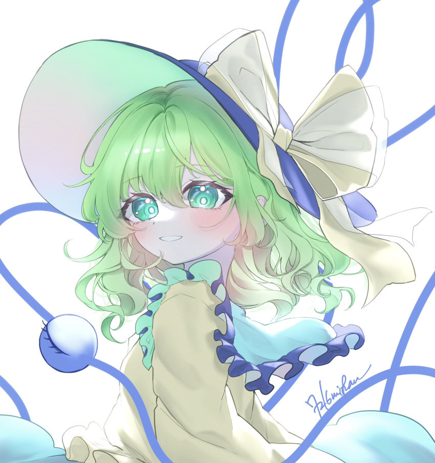 1girl 72mikan_1687 arm_at_side black_headwear blush bow bright_pupils commentary eyelashes floating_hair frilled_shirt_collar frills from_side green_eyes green_hair hair_between_eyes hat hat_bow heart heart_of_string highres komeiji_koishi looking_at_viewer medium_hair parted_lips shirt signature simple_background smile solo third_eye touhou upper_body wavy_hair white_background white_pupils yellow_bow yellow_shirt