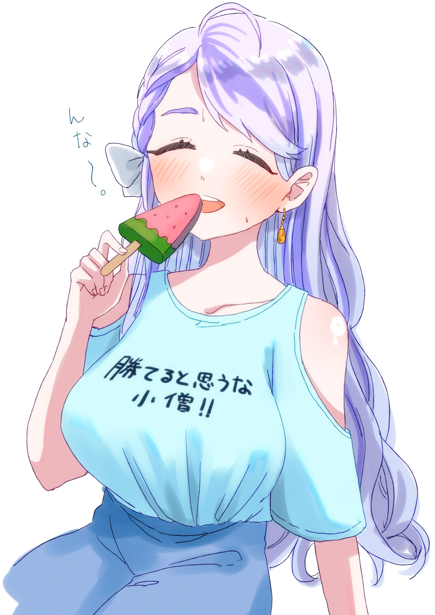 1girl absurdres alternate_costume blue_shirt blue_shorts blush bow braid breasts closed_eyes clothing_cutout cowboy_shot fingernails food hair_bow highres holding islandz kohaku_yuri large_breasts long_hair medium_bangs multicolored_hair nanashi_inc. open_mouth popsicle purple_hair round_teeth shirt shorts shoulder_cutout simple_background smile solo streaked_hair swept_bangs teardrop_earrings teeth tented_shirt two-tone_hair upper_teeth_only virtual_youtuber watermelon_bar white_background white_bow white_hair