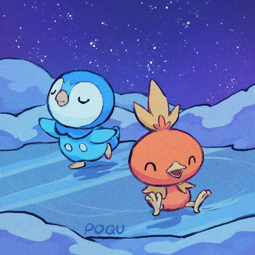 :d ^_^ arms_up artist_name closed_eyes closed_mouth commentary english_commentary highres ice ice_skating night night_sky no_humans open_mouth outdoors piplup pokemon pokemon_(creature) poqu sitting skating sky smile snow star_(sky) starry_sky torchic u_u winter